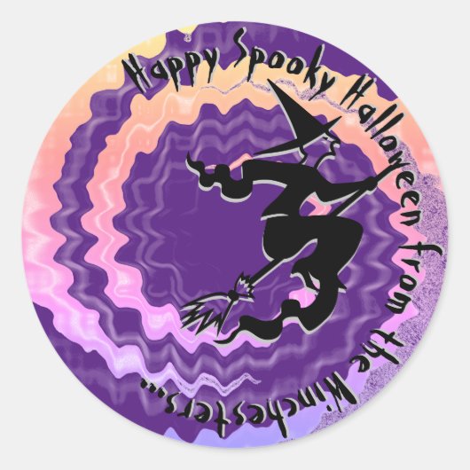 ハロウィーン紫飛んでいる魔女魔法呪文文字おもしろい ラウンドシール (正面)