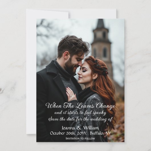 ハロウィーン結婚をテーマにした写真ゴシックフローラ セーブザデート (正面)