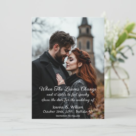 ハロウィーン結婚をテーマにした写真ゴシックフローラ セーブザデート (スタンド正面)