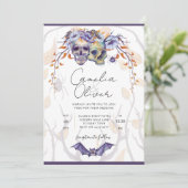 ハロウィーン結婚式招待状ゴシックスカル紫 招待状 (スタンド正面)