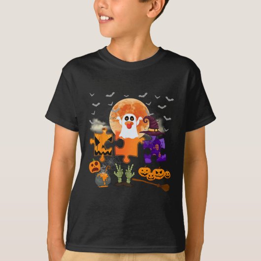 ハロウィーン自閉症不気味パズルデザイン Tシャツ (正面)