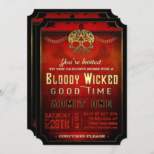 ハロウィーン血ティーナルレッド&金ゴールドパーティー招待状 招待状 (正面/裏面)