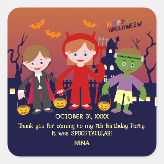 ハロウィーン衣装ガールバースデーパーティー スクエアシール (正面)