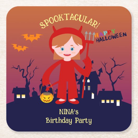 ハロウィーン衣装ガールバースデーパーティー スクエアペーパーコースター (正面)
