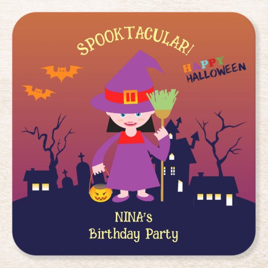 ハロウィーン衣装ガールバースデーパーティー スクエアペーパーコースター (正面)