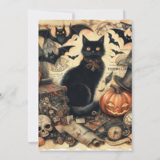 ハロウィーン衣装パーティーヴィンテージ黒猫 招待状 (裏面)