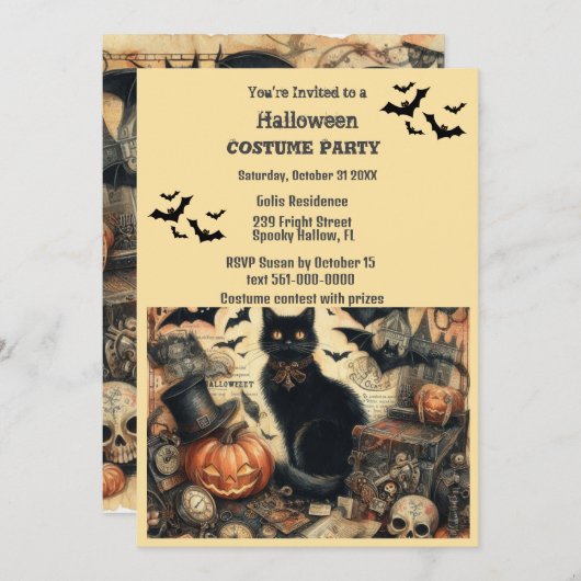 ハロウィーン衣装パーティーヴィンテージ黒猫 招待状 (正面/裏面)