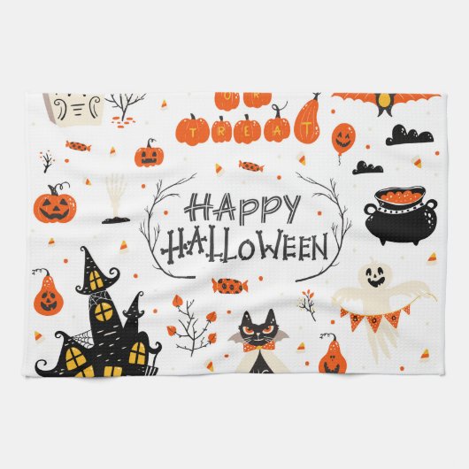 ハロウィーン要素ヴィンテージセットデザイン キッチンタオル (横)