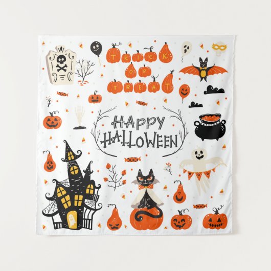 ハロウィーン要素ヴィンテージセットデザイン タペストリー (正面)