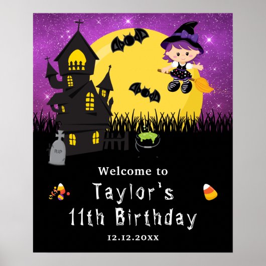ハロウィーン誕生日ウィッチパープルウェルカムサイン ポスター (正面)