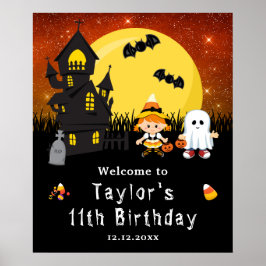 ハロウィーン誕生日ウィッチ幽霊オレンジウェルカムサイン ポスター