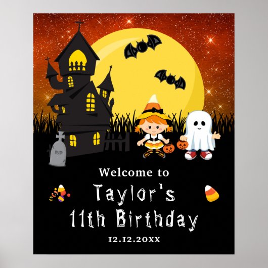 ハロウィーン誕生日ウィッチ幽霊オレンジウェルカムサイン ポスター (正面)