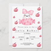 ハロウィーン誕生日ウォーターカラーピンクカボチャ幽霊 招待状 (正面)