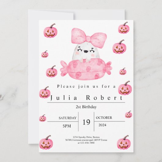 ハロウィーン誕生日ウォーターカラーピンクカボチャ幽霊 招待状 (正面)