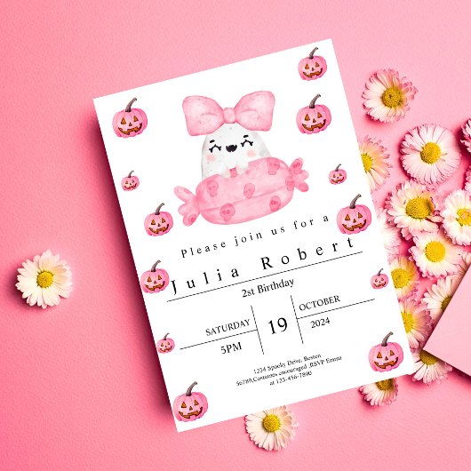 ハロウィーン誕生日ウォーターカラーピンクカボチャ幽霊 招待状