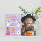 ハロウィーン誕生日スリーガールズパーティー幽霊写真 招待状 (スタンド正面)