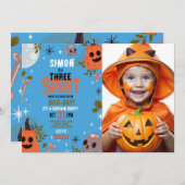 ハロウィーン誕生日スリーボーイズパーティーフォトブルー3 招待状 (正面/裏面)