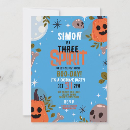 ハロウィーン誕生日スリーボーイズパーティー幽霊ブルー3 招待状 (正面)