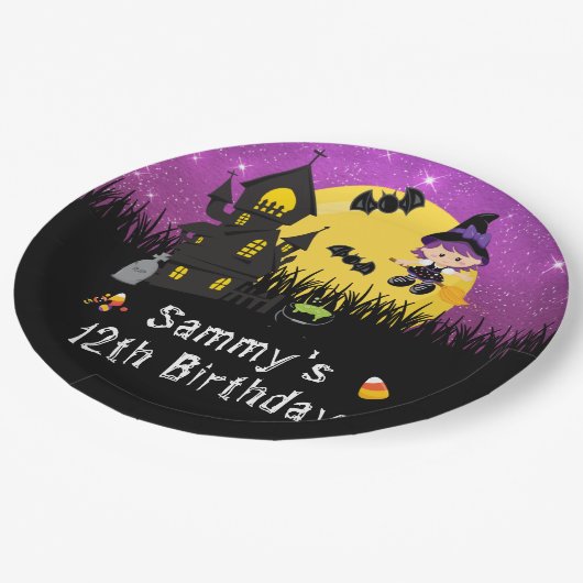 ハロウィーン誕生日パーティーウィッチパープル ペーパープレート (アングル)