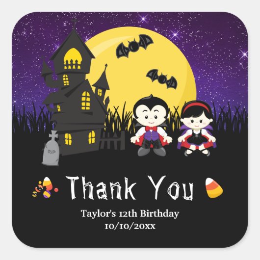ハロウィーン誕生日パーティーバンピアーズパープル スクエアシール (正面)