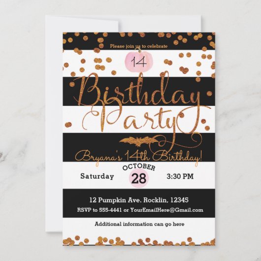 ハロウィーン誕生日パーティー白黒ピンクオレンジ 招待状 (正面)