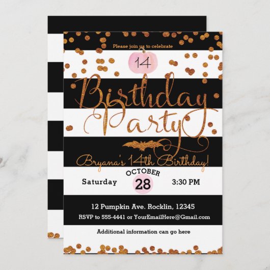 ハロウィーン誕生日パーティー白黒ピンクオレンジ 招待状 (正面/裏面)