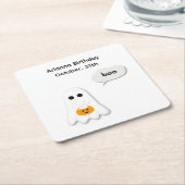 ハロウィーン誕生日パーティー | ミニマル幽霊デザイン スクエアペーパーコースター (アングル)