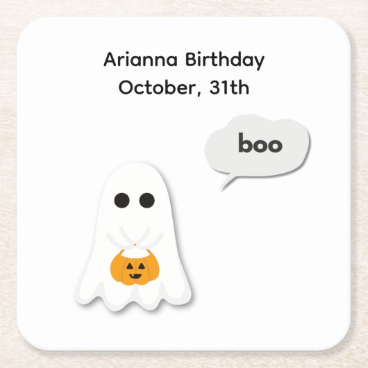 ハロウィーン誕生日パーティー | ミニマル幽霊デザイン スクエアペーパーコースター (正面)