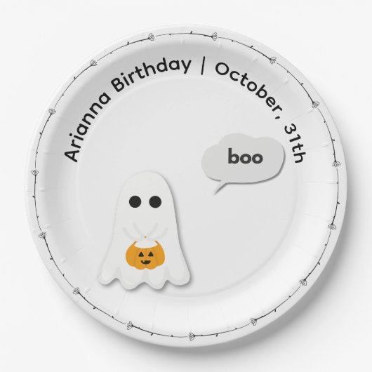 ハロウィーン誕生日パーティー | ミニマル幽霊デザイン ペーパープレート (正面)