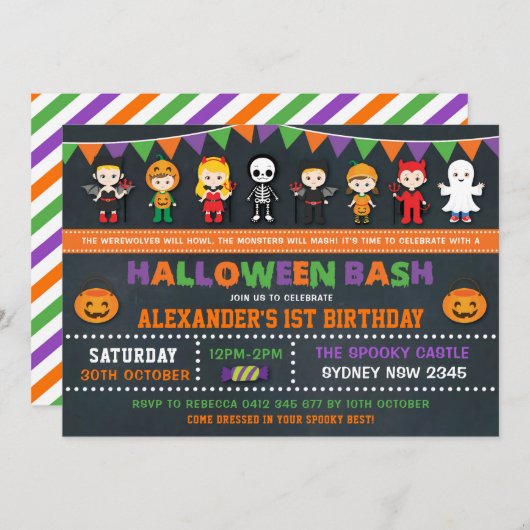 ハロウィーン誕生日パーティーChalkboardジャック・オランタン 招待状 (正面/裏面)