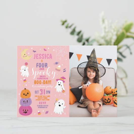 ハロウィーン誕生日フォーエバー4th女の子のパーティー写真 招待状 (スタンド正面)