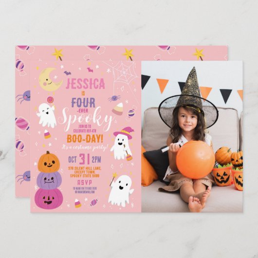 ハロウィーン誕生日フォーエバー4th女の子のパーティー写真 招待状 (正面/裏面)