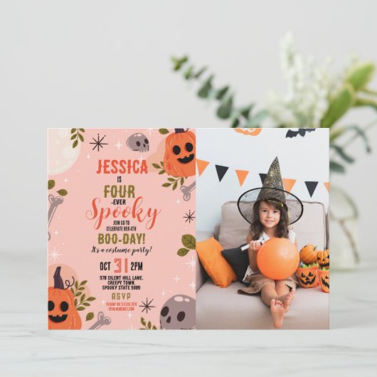 ハロウィーン誕生日フォーエバー4th女の子のパーティー写真 招待状 (スタンド正面)
