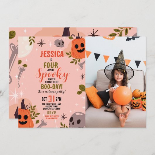 ハロウィーン誕生日フォーエバー4th女の子のパーティー写真 招待状 (正面/裏面)
