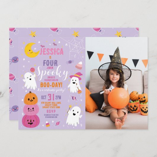 ハロウィーン誕生日フォーエバー4th女の子のパーティー写真 招待状 (正面/裏面)