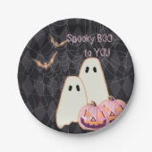 ハロウィーン誕生日プレートピンクオレンジ幽霊こうもりJOL ペーパープレート (正面)
