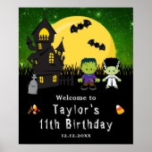 ハロウィーン誕生日モンスターズグリーンウェルカムサイン ポスター (正面)