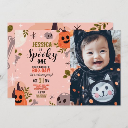 ハロウィーン誕生日ワンガールズパーティーカボチャ写真 招待状 (正面/裏面)