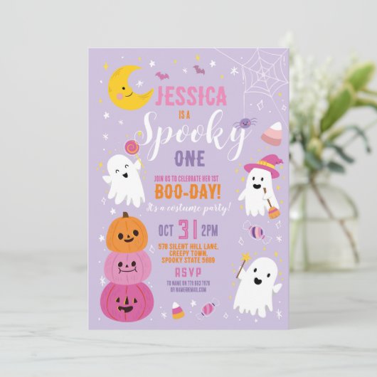 ハロウィーン誕生日ワンガールズパーティー幽霊紫 招待状 (スタンド正面)