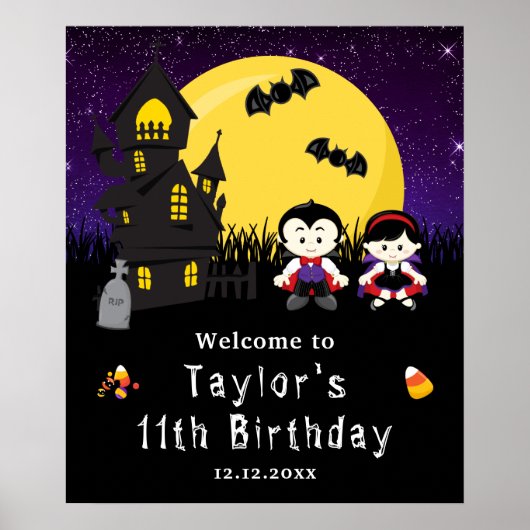 ハロウィーン誕生日ヴァンパイアパープルウェルカムサイン ポスター (正面)
