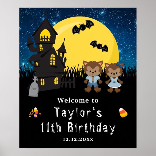 ハロウィーン誕生日人狼ブルーウェルカムサイン ポスター (正面)