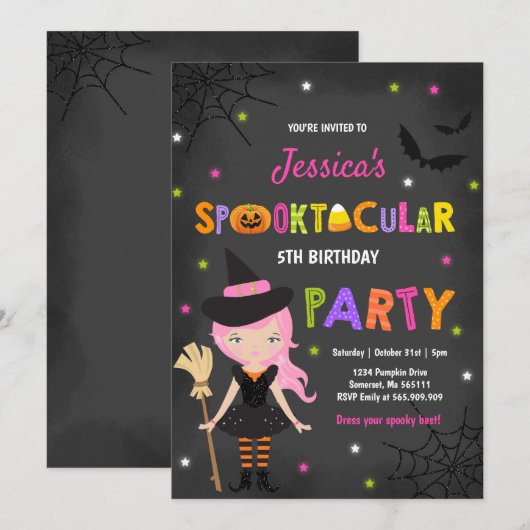 ハロウィーン誕生日招待状ウィッチハローウィンパーティ 招待状 (正面/裏面)