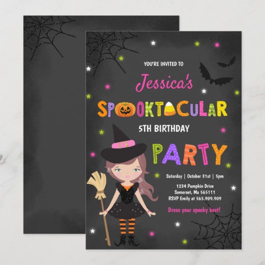 ハロウィーン誕生日招待状ウィッチハローウィンパーティ 招待状 (正面/裏面)