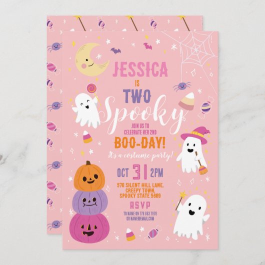 ハロウィーン誕生日2人の女の子パーティー幽霊パンプキン 招待状 (正面/裏面)