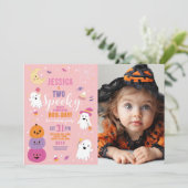 ハロウィーン誕生日2人の女の子パーティー幽霊パンプキン 招待状 (スタンド正面)