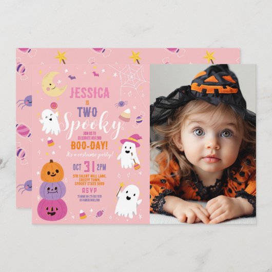 ハロウィーン誕生日2人の女の子パーティー幽霊パンプキン 招待状 (正面/裏面)
