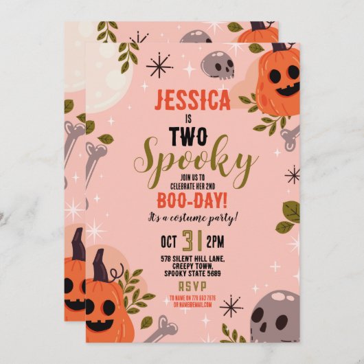 ハロウィーン誕生日2人ガールズパーティー幽霊ピンク 招待状 (正面/裏面)