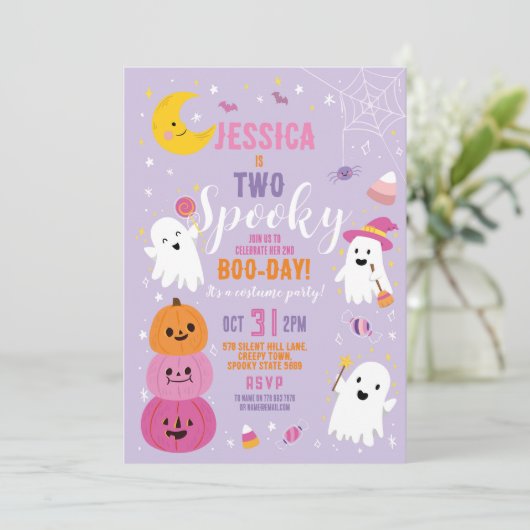 ハロウィーン誕生日2女の子パーティー幽霊紫 招待状 (スタンド正面)