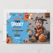 ハロウィーン誕生日2少年パーティーフォトブルー 招待状 (正面)
