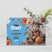 ハロウィーン誕生日2少年パーティーフォトブルー 招待状 (スタンド正面)